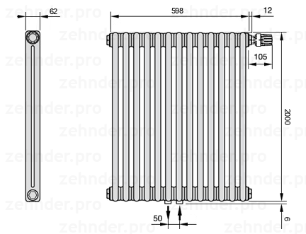 Схема (чертеж) Радиатор Zehnder Charleston 2200/13 №V008 Белый глянцевый RAL 9016
